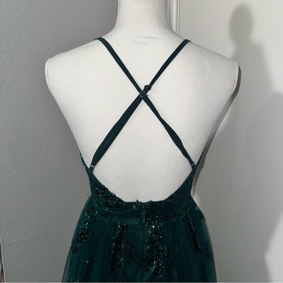 Dark Green Sparkly Shimmer Floor Length Evening Gown Prom Dress Sz XS BEAUTIFUL - Picture 5 of 14